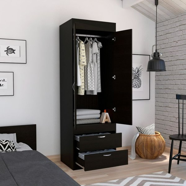 Tuhome Lisboa Armoire, Rod, Double Door, Two Drawers, Metal Handles, Black CLW4756